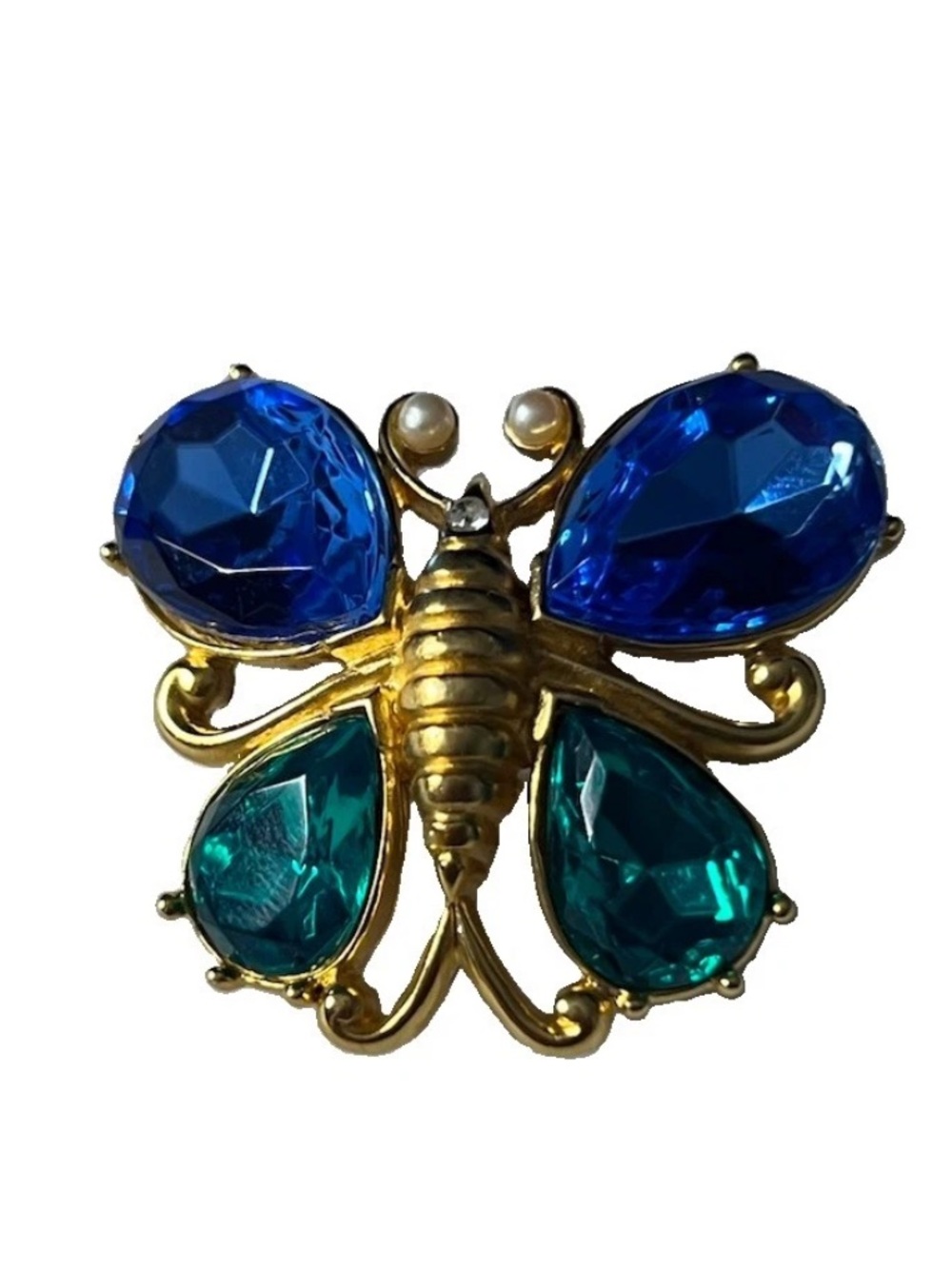 Vintage Trifari Butterfly Singed Brooch Pin Teal and Blue Wings Gold Toned